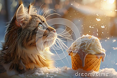 Domestic Long haired Tabby Cat Eyeing a Vanilla Ice Cream Cone on a Snowy Winter Day Stock Photo