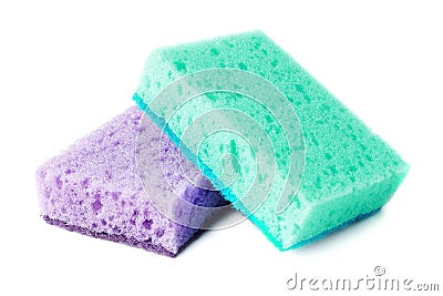 Domestic needs. A mint-colored sponge lies on a purple sponge at a slight angle. isolate Stock Photo