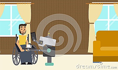 Domestic robot brings tablet and cup of coffee for his disabled man owner sitting at wheelchair. Cartoon Illustration