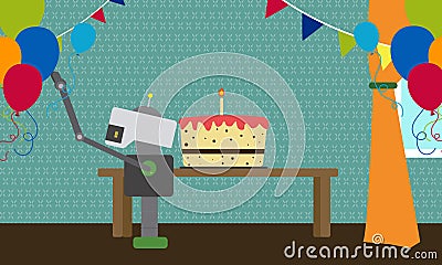 Domestic robot decorating house for birthday party. Cartoon Illustration