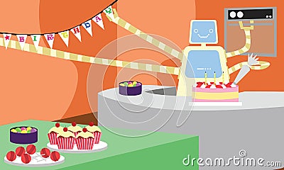 Domestic robot preparing cake and decorating house for birthday party. Vector Illustration