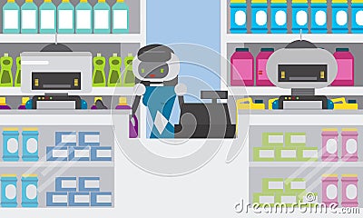 Domestic robot smart attendants at counter of household chemical goods shop, drug store. Cartoon Illustration