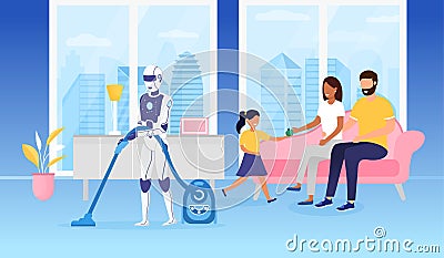 Domestic robot using a vacuum cleaner Futuristic Concept. Young happy family sitting on the couch and enjoying life with Vector Illustration