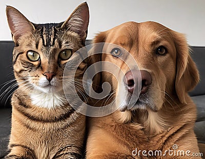 A domestic shorthaired cat and a dog sit next to each other on a couch Stock Photo