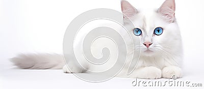 A white domestic cat with blue eyes lounges on a pale surface Stock Photo