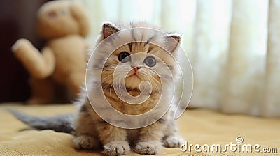 Domestic tabby kitten sits in a relaxed pose on a light gray floor. Stock Photo