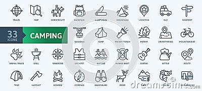 Domestic tourism, local tour, camping - thin line web icon set. Outline icons collection Vector Illustration