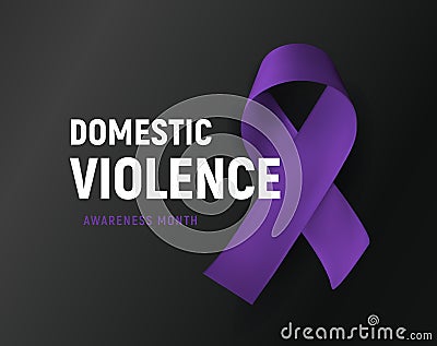 Domestic violence banner. Purple ribbon against home abuse poster. Abused victim support vector illustration on black Vector Illustration