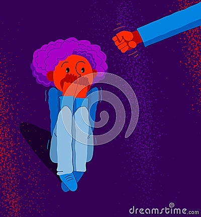 Domestic violence concept vector, clenched fist threats little kid scared boy, psychological abuse, bad parent son victim, Vector Illustration