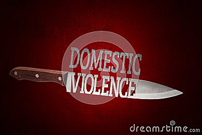 Domestic violence. Kitchen knife with blade of letters on dark red Stock Photo