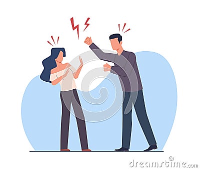 Domestic violence, man beats his wife. Family conflict and problems at home, divorce and dissolution. Quarreling scene Vector Illustration