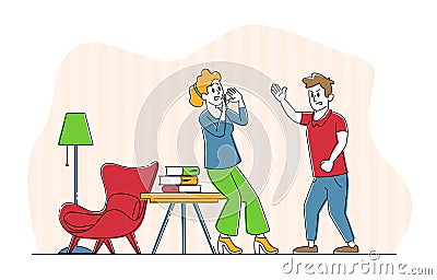 Domestic Violence and Spousal Abuse Concept. Young Family Quarrel and Swear in Living Room. Aggressive Man Yell Vector Illustration