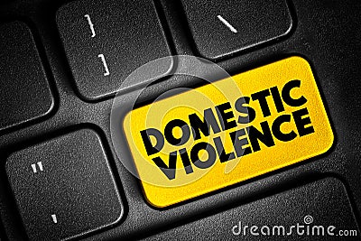 Domestic violence is violence or other abuse that occurs in a domestic setting, such as in a marriage or cohabitation, text button Stock Photo