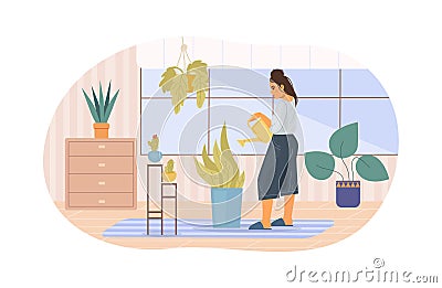 Domestic woman taking care to interior potted plants. Home gardening and growing houseplants Vector Illustration