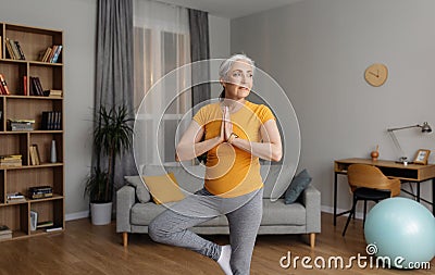 Domestic yoga practice. Senior woman standing in tree pose, keeping balanced, training at home in living room Stock Photo