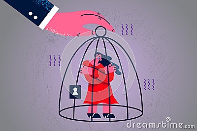 Dominant man hold crying woman in birdcage Vector Illustration