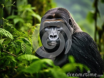 Dominant mountain gorilla in rainforest. Uganda. Bwindi Impenetrable Forest National Park Cartoon Illustration
