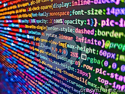 Dominica flag is depicted on the screen with the program code. Web software. Website codes on computer monitor. Failure in the Stock Photo
