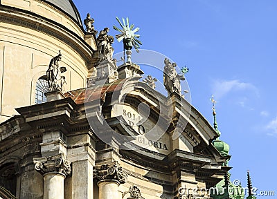 Dominican cathedral sculpture. Baroque style, Lviv architecture. Stock Photo