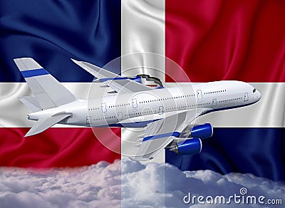 Dominicana flag with white airplane and clouds. The concept of tourist international passenger transportation Stock Photo