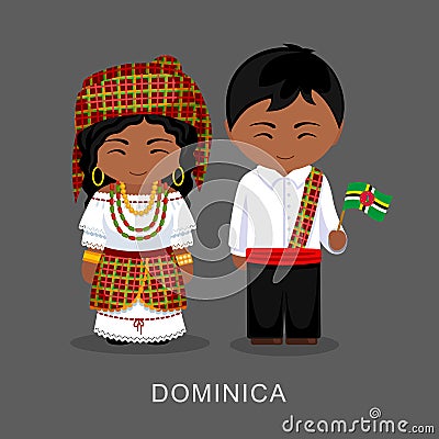 Dominicans in national dress with a flag. Vector Illustration