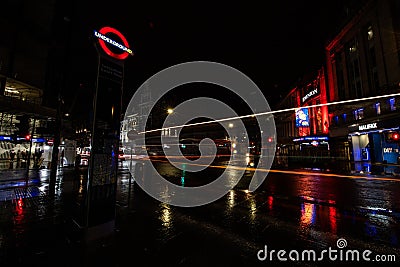 The Dominion Theatre in London at night on Oxford Street Editorial Stock Photo