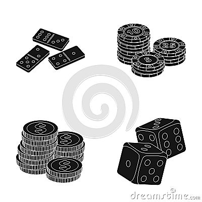 Domino bones, stack of chips, a pile of mont, playing blocks. Casino and gambling set collection icons in black style Vector Illustration