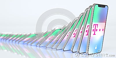 Many falling mobile phones with logo of DEUTSCHE TELEKOM on the displays, domino effect. Editorial 3d rendering, crisis Editorial Stock Photo