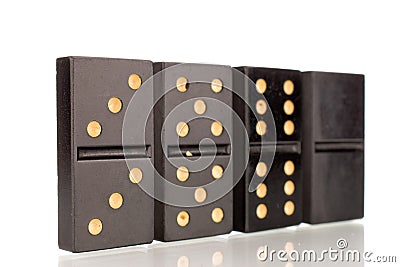 Domino game with playing dice isolated on white background and top view, macro. Stock Photo