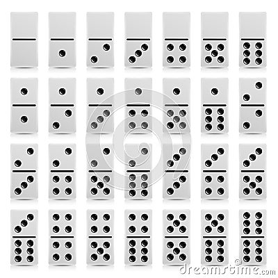 Domino Set Vector Realistic Illustration. White Color. Full Classic Game Dominoes On White. Modern Collection Vector Illustration