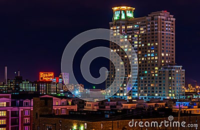 The Domino Sugars Factory and HarborView Condominiums at night f Editorial Stock Photo