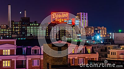 The Domino Sugars Factory at night from Federal Hill, Baltimore, Maryland Editorial Stock Photo