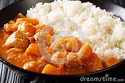Domoda is the national dish of Gambia, a peanut stew made with meat pumpkin and served over fluffy rice close-up in a plate. Stock Photo