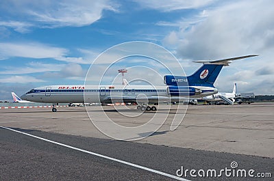 Domodedovo airport, Moscow - July 11th, 2015: Tupolev Tu-154M EW-85748 of Belavia Airlines Editorial Stock Photo