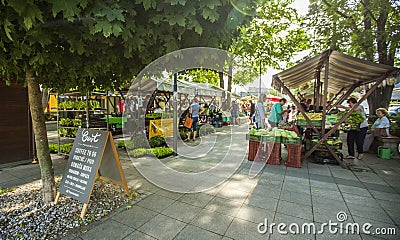 DOMZALE, SLOVENIA - Jul 15, 2019: Sunny Saturday morning at farmer's market Editorial Stock Photo
