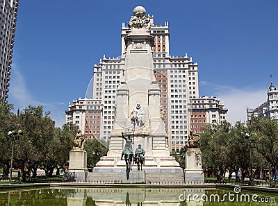Don Quijote monument and Skyscraper in Madrid Editorial Stock Photo