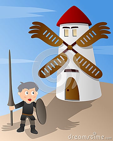 Don Quixote against a Windmill Vector Illustration