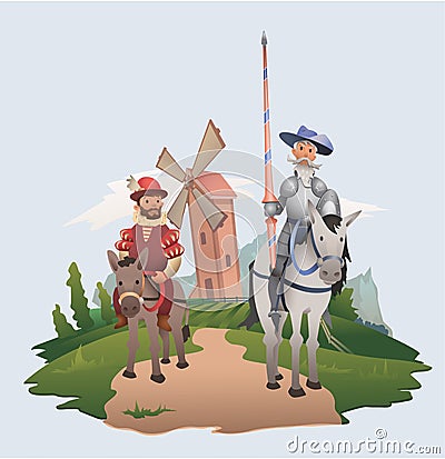 Don Quixote and Sancho Panza riding on windmill background. Book characters. Flat vector illustration. Vector Illustration