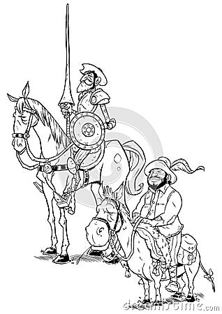 Don Quixote and Sancho Panza on White Vector Illustration