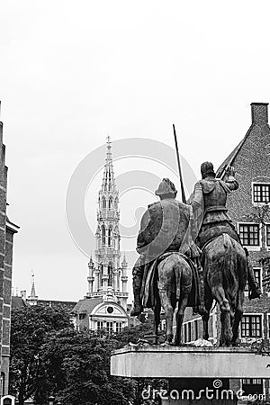 Don quixote statue looking and city hall in Brussels Stock Photo