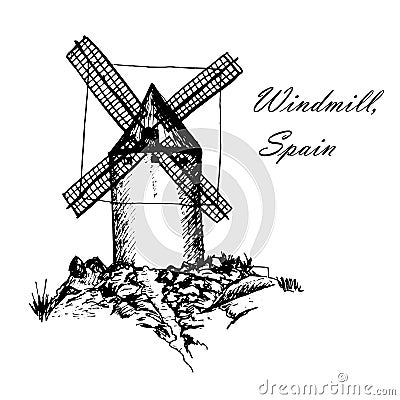 Don Quixote Windmills in Consuegra Spain sketch hand drawn graphics illustration Vector Illustration