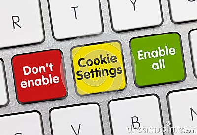 Don`t enable - Cookie Settings - Enable all - Inscription on multicolor Keyboard Key Stock Photo