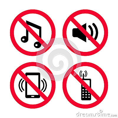 Don`t make noise, No mobile phones, no music, No loud noises, red prohibition signs. Vector Illustration