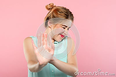 Rejection refusal see woman put hands push away Stock Photo