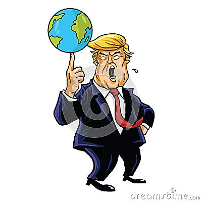 Donald Trump Cartoon Playing Globe. Vector Caricature Illustration Vector Illustration