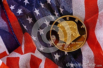 Donald Trump coin in against usa flag in the election 2020 Cartoon Illustration