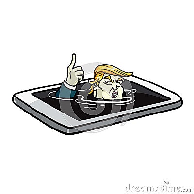 Donald Trump Drowning in Mobile Phone. Cartoon Illustration Vector. July 18, 2017 Vector Illustration