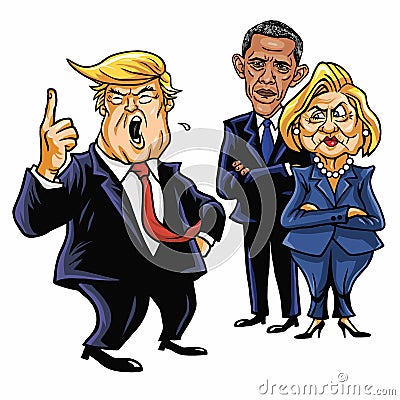 Donald Trump, Hillary Clinton, and Barack Obama. Cartoon Caricature Vector Illustration. June 29, 2017 Vector Illustration