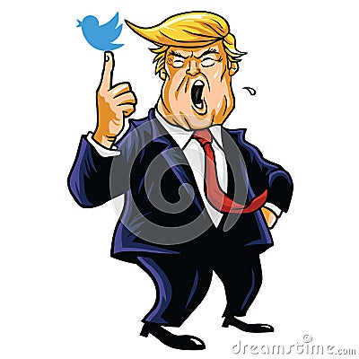 Donald Trump with His Blue Bird. Cartoon Vector Illustration. June 15, 2017 Vector Illustration