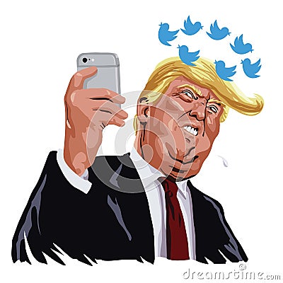 Donald Trump With His Social Media Updates. Cartoon Vector Caricature. June 13, 2017 Vector Illustration